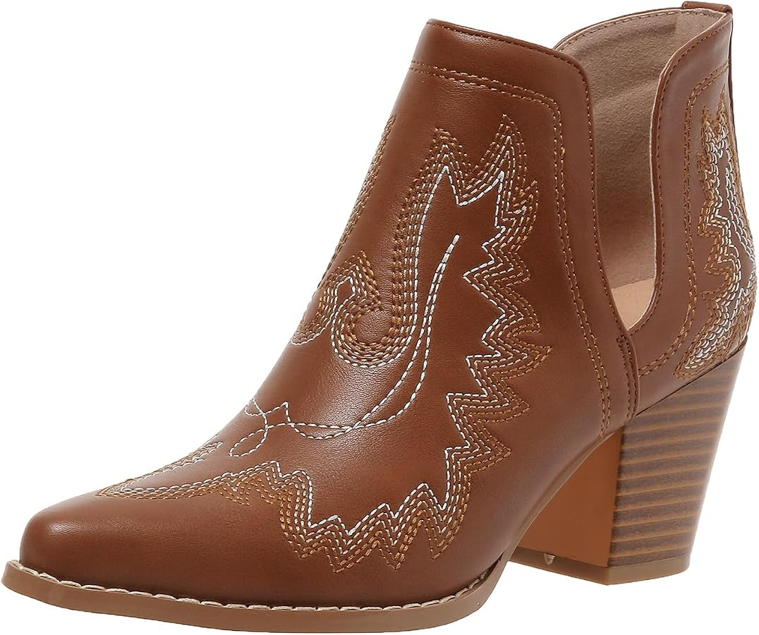 SelRoys Women's Cowboy Boots Cowgirl Ankle Pointed Toe Chunky Heel Cutout | Amazon (US)