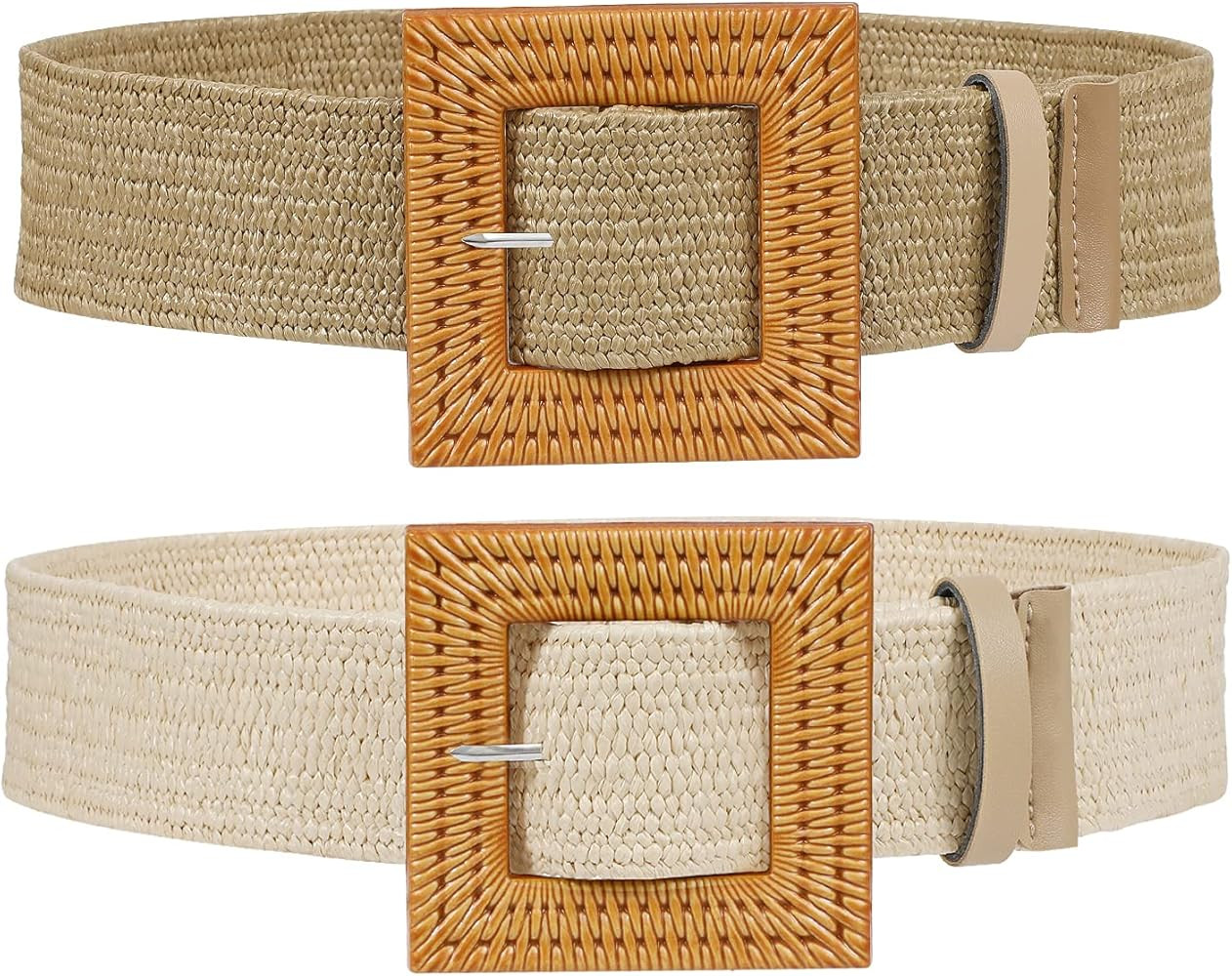 2 Pack Straw Woven Elastic Belt SUOSDEY Braided Stretch Wide Belt for Women Dress | Amazon (US)