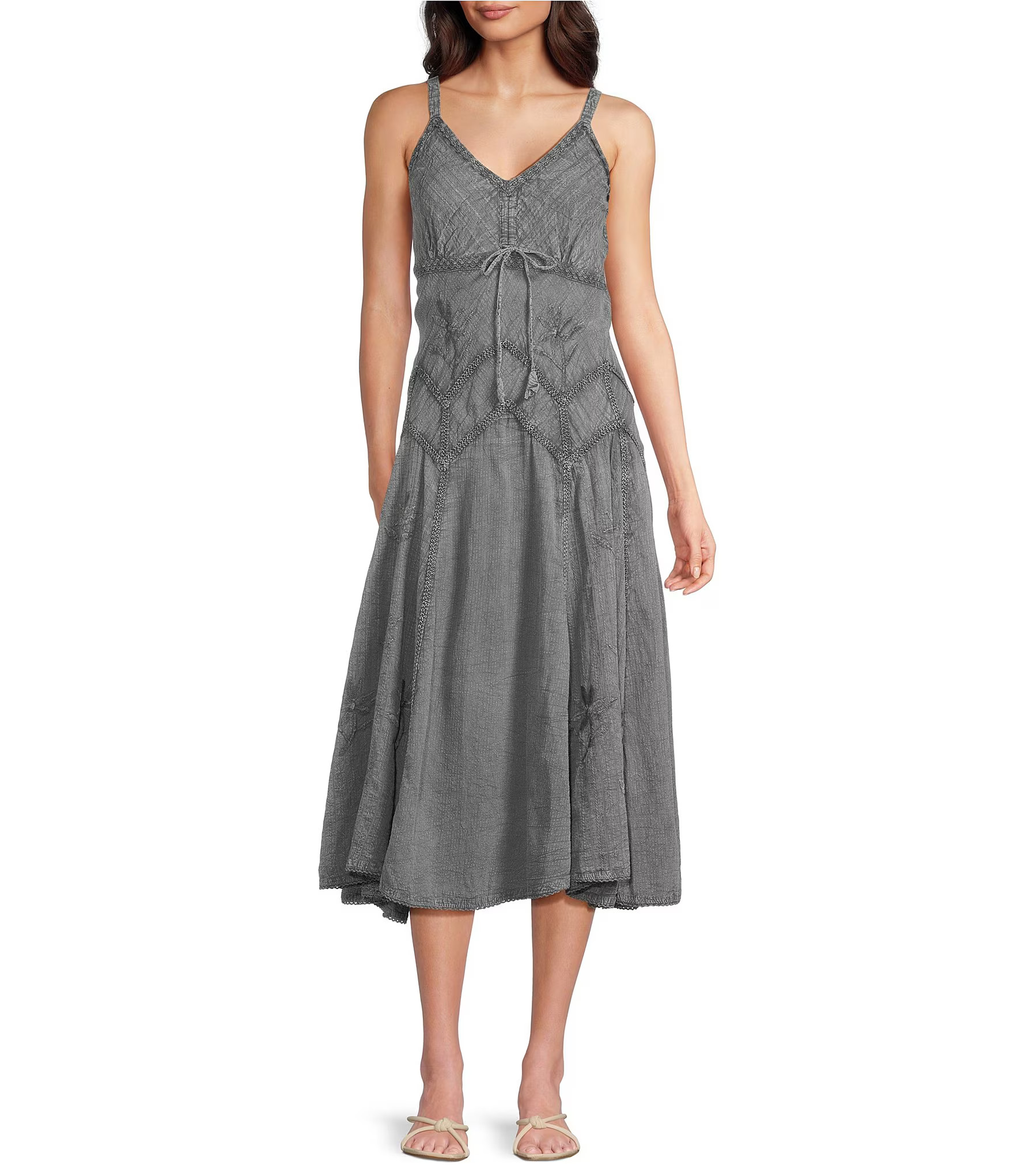 Spaghetti Strap Front Tie Embroidered Midi Dress | Dillard's