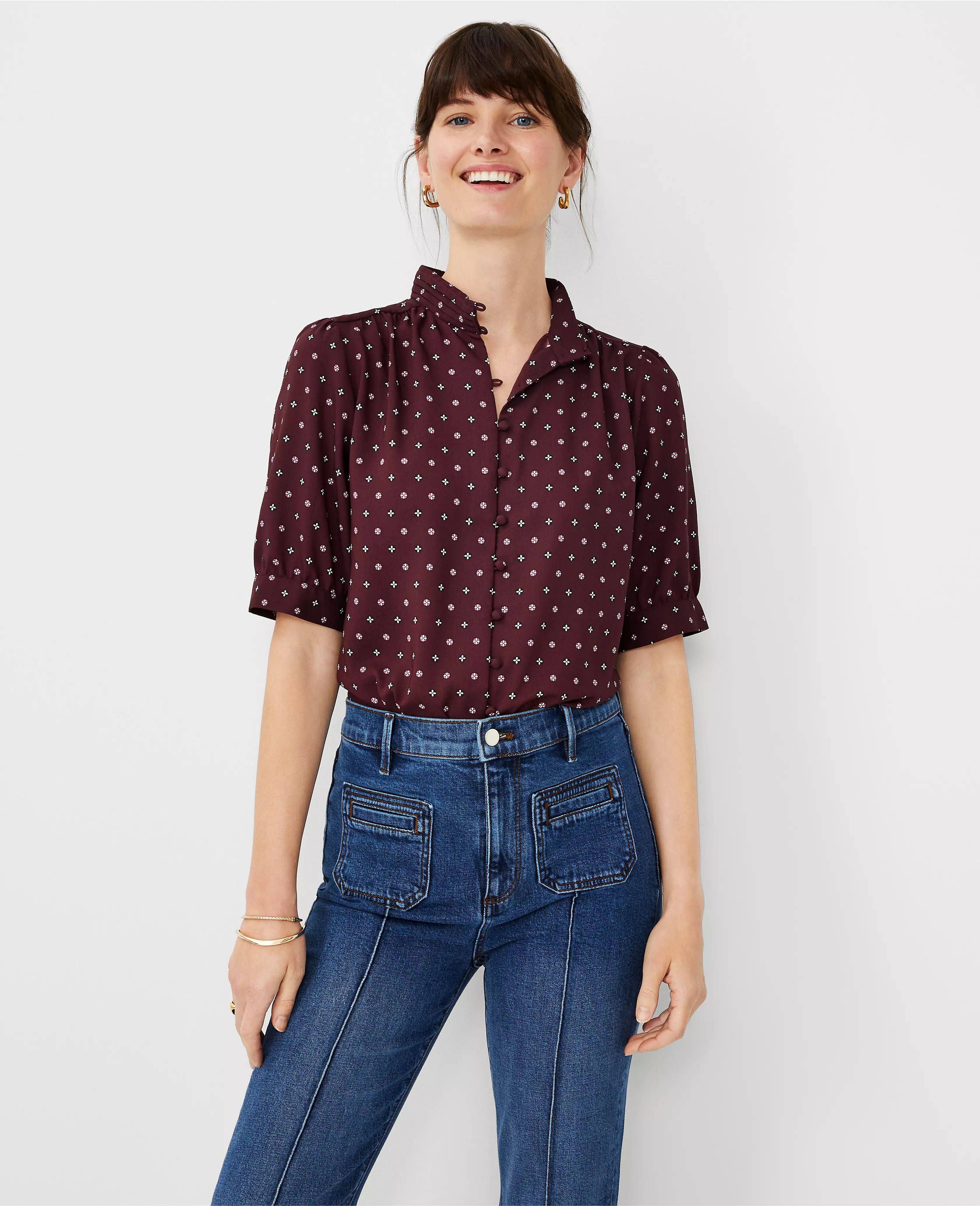 Geo Pleated Mock Neck Button Top | Ann Taylor (US)