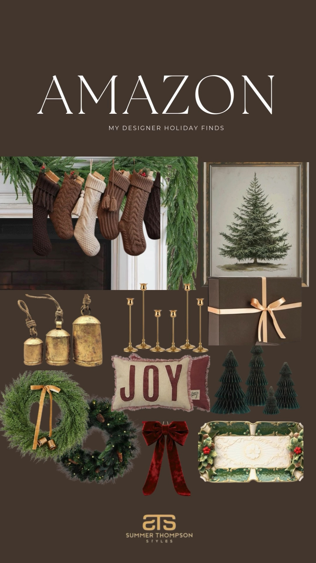 Designer-inspired holiday finds from Amazon.

Textured stockings. Brass bells. Cedar wreaths. Velvet bows. Classic green + gold accents.

#AmazonHome #HolidayDecor #ChristmasStyle

#LTKHoliday #LTKHome