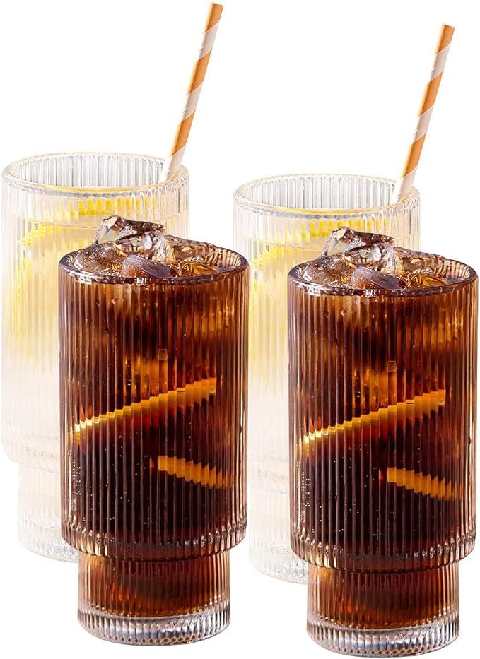 Amazon.com: SUNNOW Vastto 11 Ounce Stackable Ribbed Glass Cup,Iced Tea Glasses for Water, Beverag... | Amazon (US)