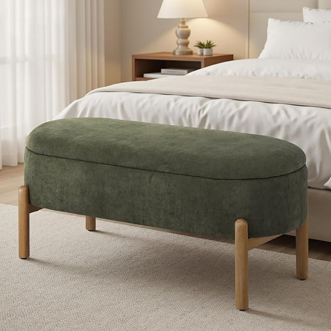 Oval Storage Ottoman Bench for Bedroom, Upholstered Corduroy End of Bed Bench with Solid Wood Leg... | Amazon (US)