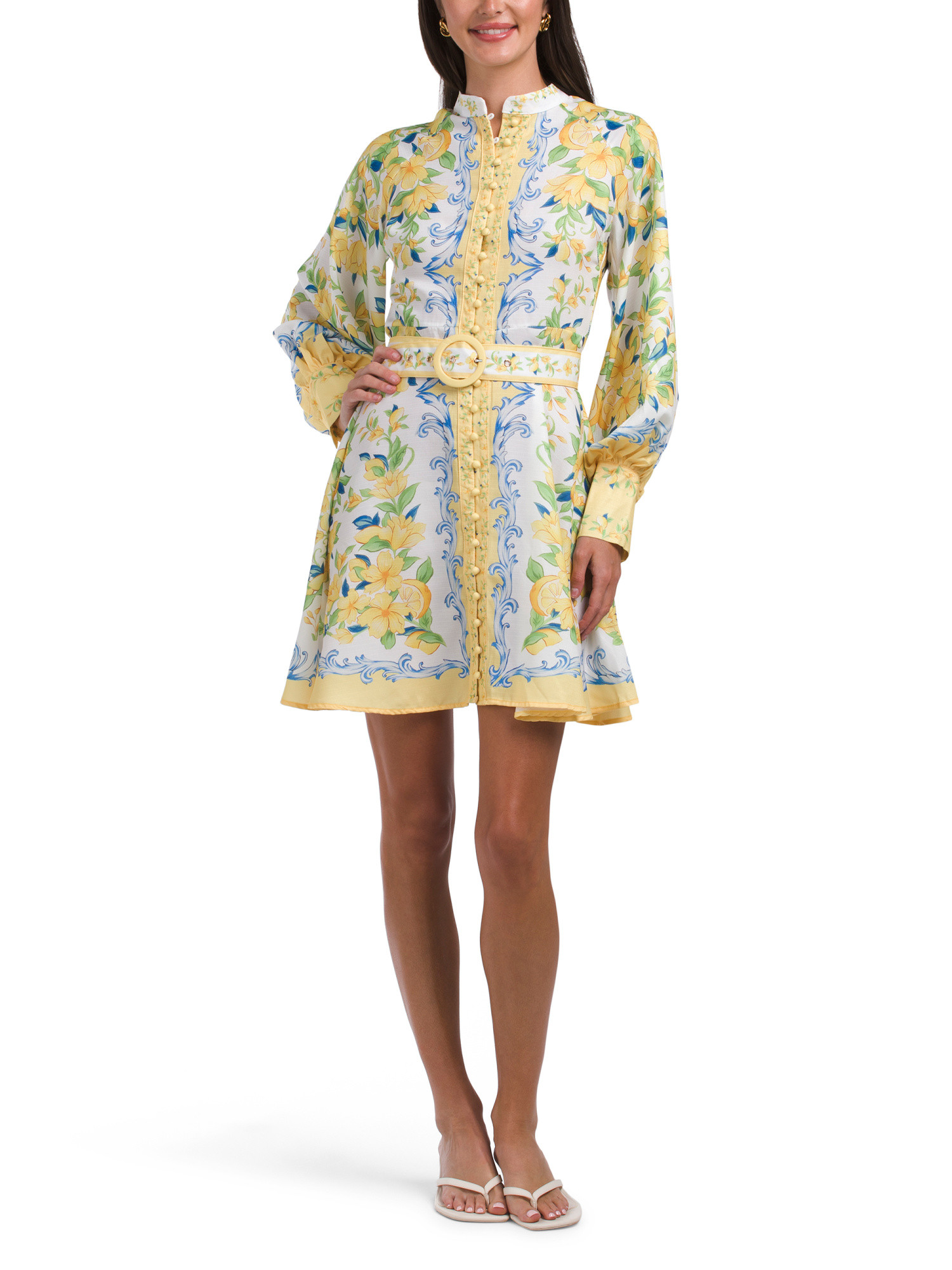 Floral And Lemon Print Raglan Sleeve Mini Dress With Belt | TJ Maxx
