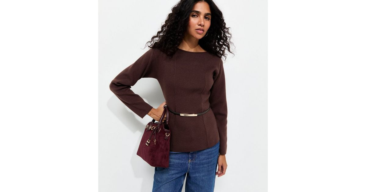 Women's Dark Burgundy Belted Slash Neck Jumper New Look | New Look (UK)