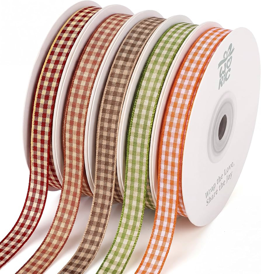 woric Gingham Ribbon Fall Set 5 Rolls 3/8 Inch Total 50 Yards Plaid Checkered Ribbon for Thanksgi... | Amazon (US)