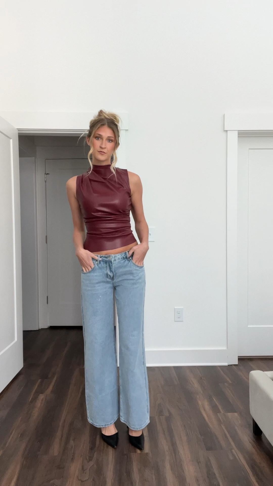 red leather top, light wash jeans, dark denim, low rise jeans, baggy jeans, wide leg jeans, black kitten heels, fall style

#LTKfindsunder100 #LTKstyletip #LTKfindsunder50