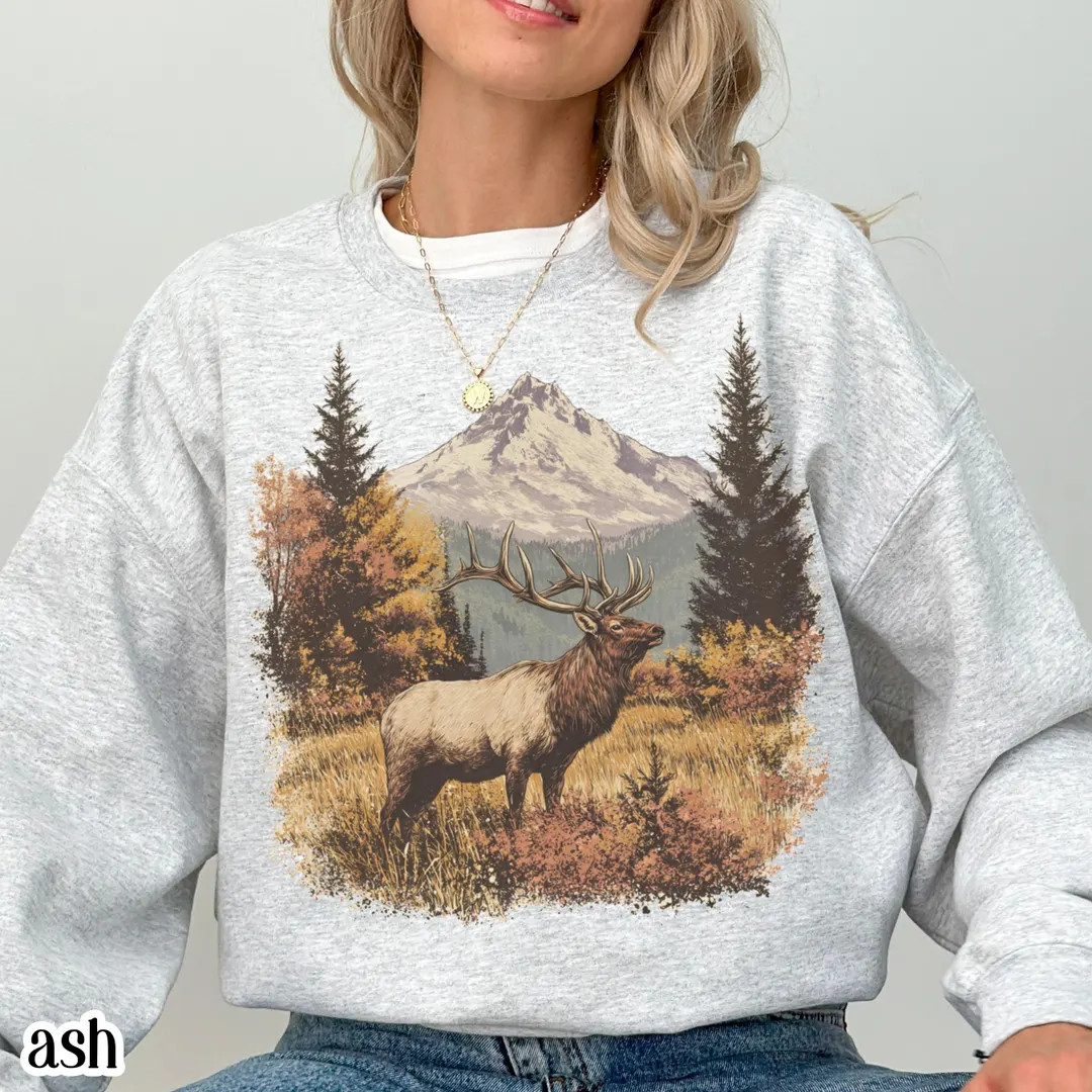 Retro Elk Sweatshirt Vintage Fall Hunter Scene Sweater 90s Bull Forest Nature Outfit Crewneck Ame... | Etsy (US)