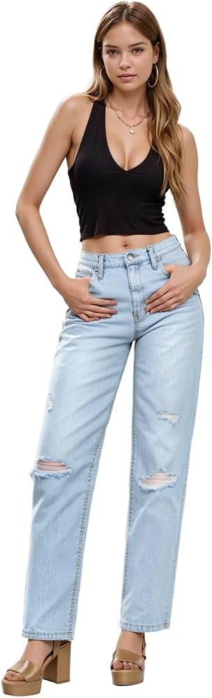 Hybrid & Company Womens Super Comfy Wide Leg High Rise Distressed Ripped Jeans | Amazon (US)