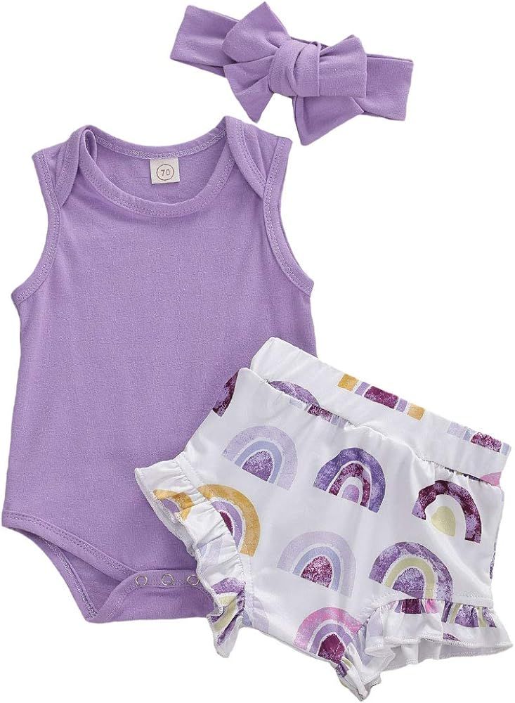 3Pcs Newborn Baby Girl Summer Shorts Outfit Sleeveless Bodysuit Romper+Ruffles Short Pants+Headba... | Amazon (US)