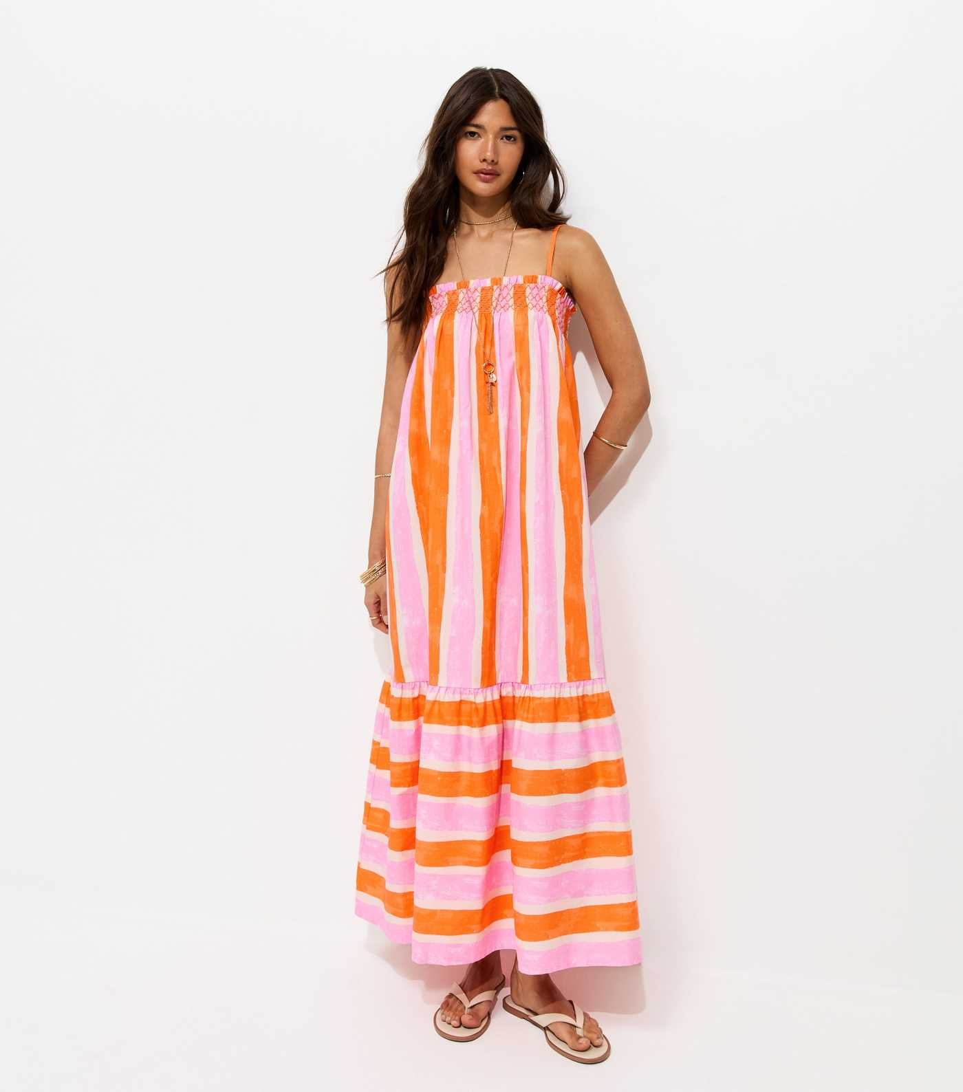 Orange Cotton Striped Tie Strap Midi Dress | New Look | New Look (UK)
