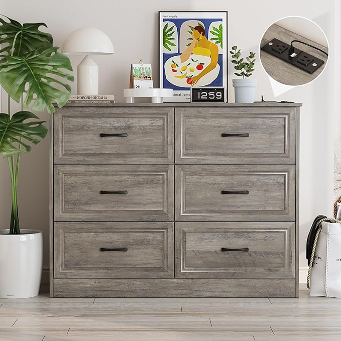 Fameill Dresser for Bedroom, 6 Drawer Wide Dresser Organizer with Charging Station, Tall Dresser ... | Amazon (US)
