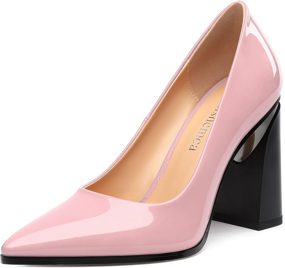 Chunky Block Heels for Women Patent Closed Pointed Toe Pumps Slip on Heels Dress Wedding Shoes 3.... | Amazon (US)