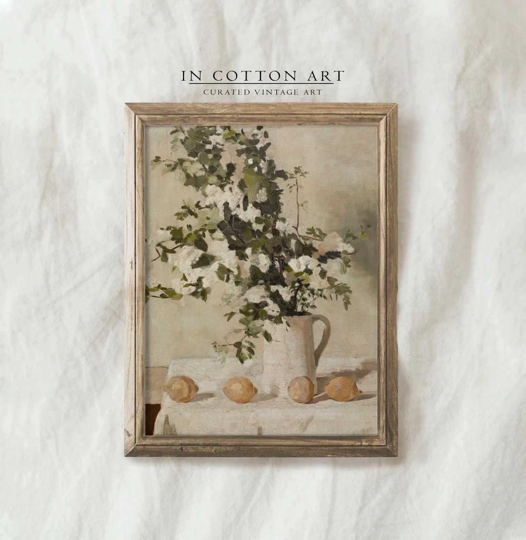 Neutral Still Life Oil Painting / White Flower Vase Art Print / Vintage Farmhouse Kitchen Art PRI... | Etsy (US)