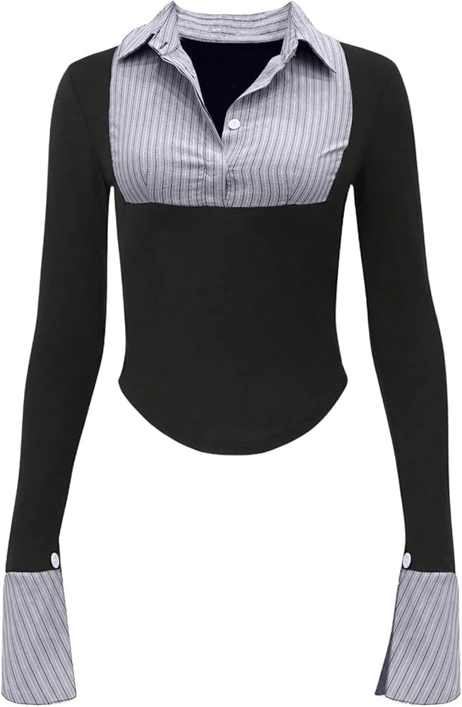 Women's Striped Button Front Collared Blouse Shirts Long Sleeve Slim Fit Asymmetrical Hem Work To... | Amazon (US)