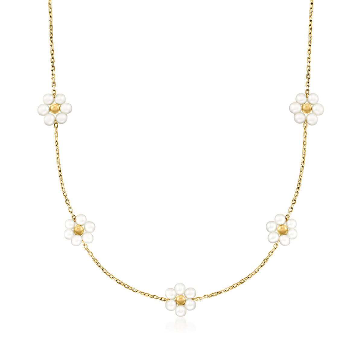 3-3.5mm Cultured Pearl Flower Station Necklace in 14kt Yellow Gold. 16" | Ross-Simons