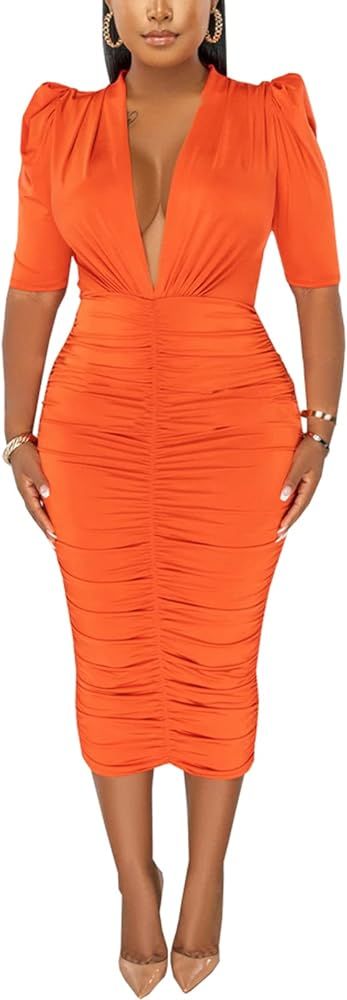 Women's Bodycon Ribbed Long Dresses Deep V Neck Long Sleeves Club Night Party Sweater Dress | Amazon (US)