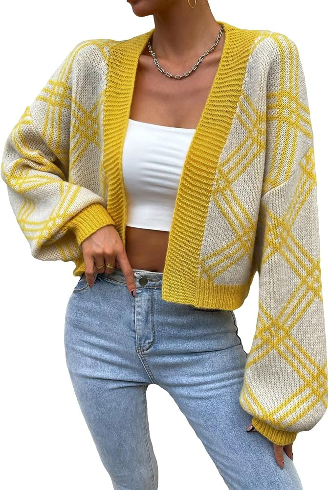 SweatyRocks Women's Casual Color Block Long Sleeve Open Front Cardigan Sweater Top | Amazon (US)