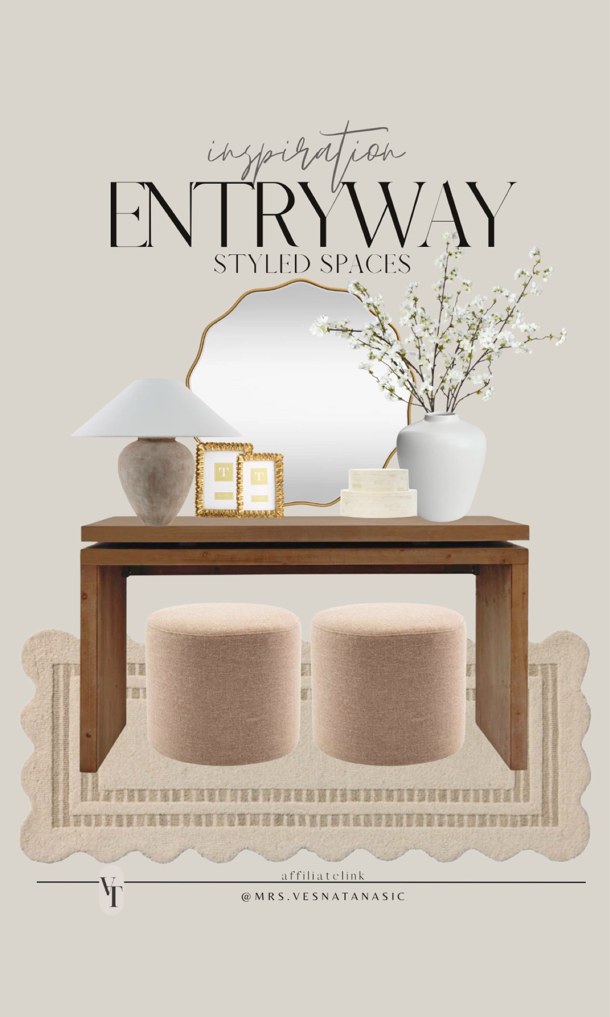 Spring entryway styling idea! This console table is a designer look for less and incredible quality. #springdecor #entrywaystyling #consoletablen #mirror #ottoman #wayfair #wayfairfinds @wayfair 

#LTKHome #LTKStyleTip #LTKSaleAlert