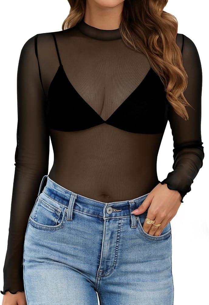 Eleosmo Womens Tops Mesh Long Sleeve Shirts Sheer Mock Neck Party Club Clothes | Amazon (US)