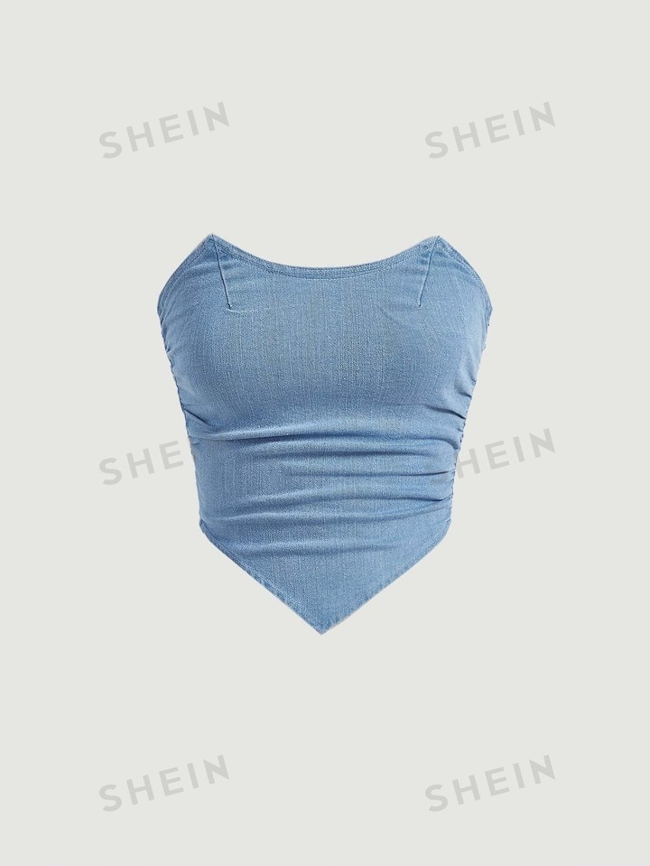 SHEIN MOD Hanky Hem Denim Tube Blue Breast Cup Tight Fit Top | SHEIN