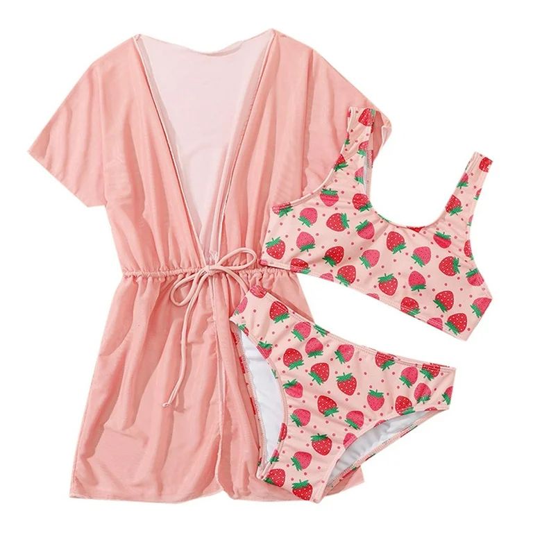 Summer Beach Sports Girls 3 Piece Strawberry Print Bathing Suits Cute Bikini Swimsuit With Cover ... | Walmart (US)