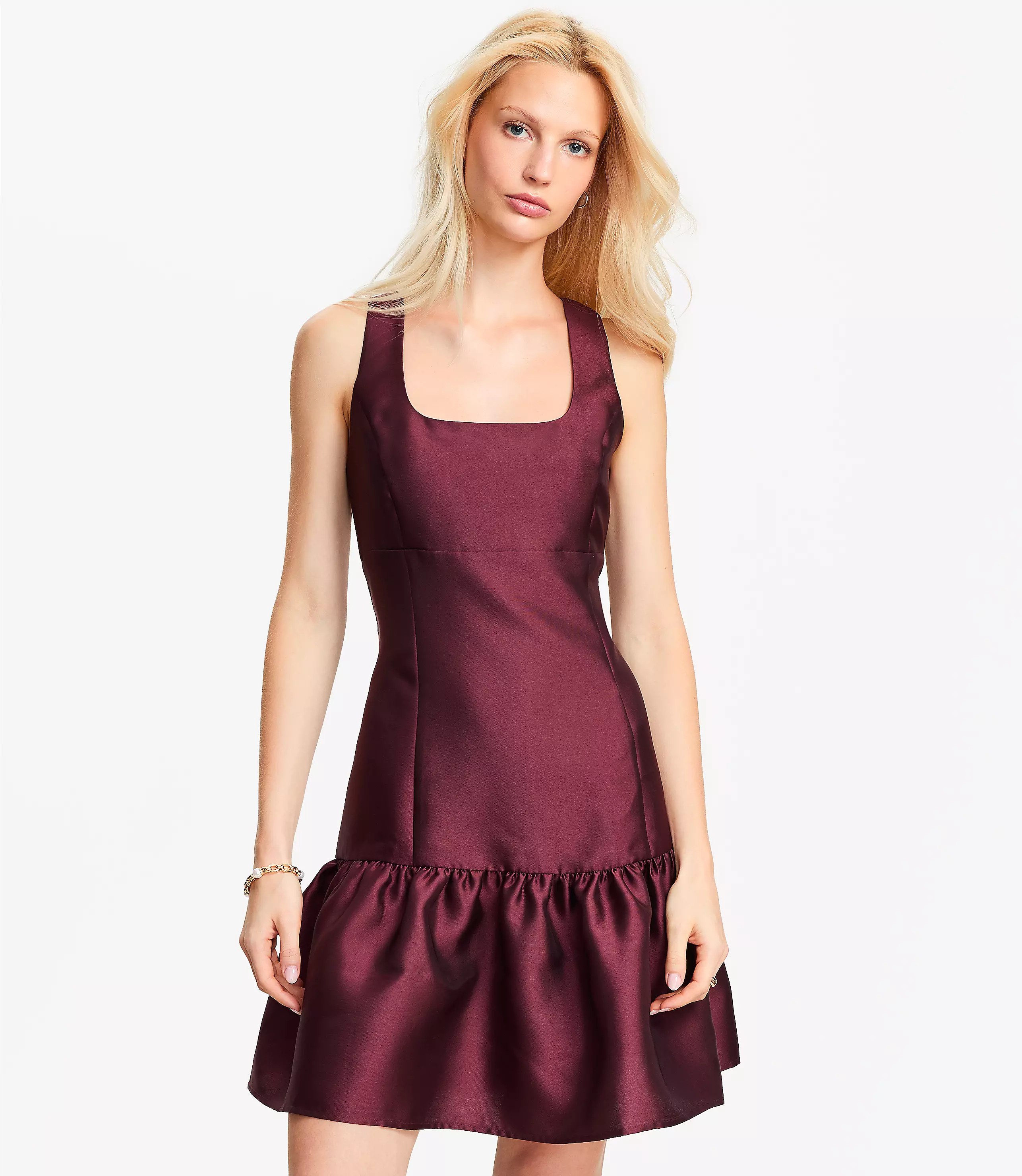 Satin Square Neck Mini Flounce Dress | LOFT