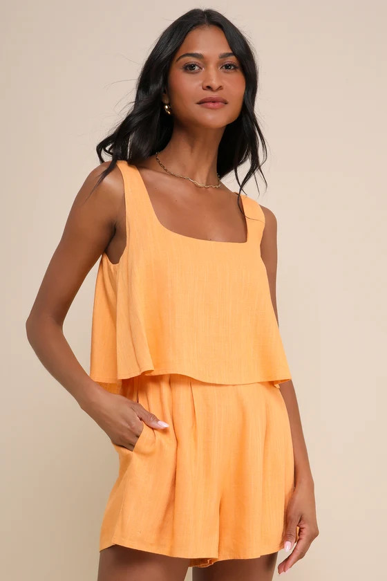 Effortless Escape Light Orange Linen Sleeveless Flounce Romper | Lulus