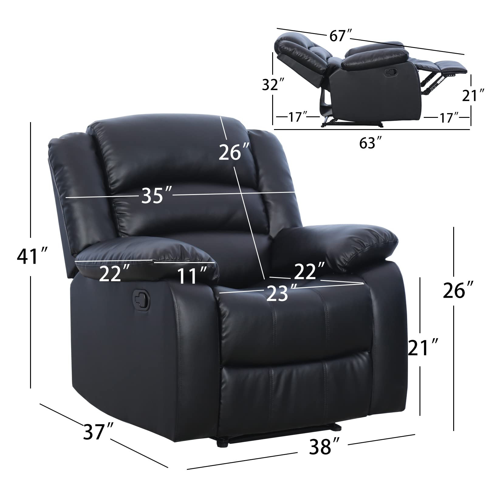 Amazon.com: ANJ Black Recliner Chair with Overstuffed Arm and Back, Breathable Faux Leather Manua... | Amazon (US)