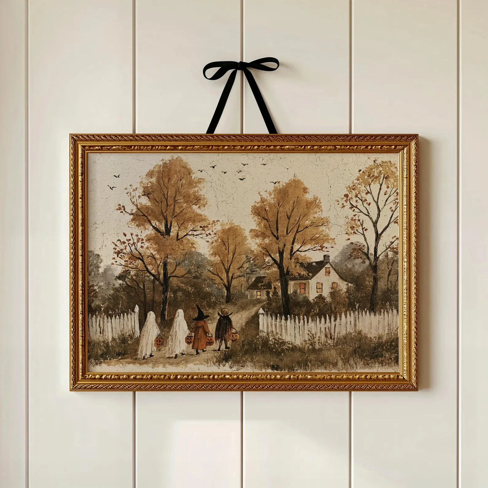 Halloween Trick or Treat Wall Art Print: Ghost & Witch Cottage Folk Art, Cozy Autumn Farmhouse De... | Etsy (Global)