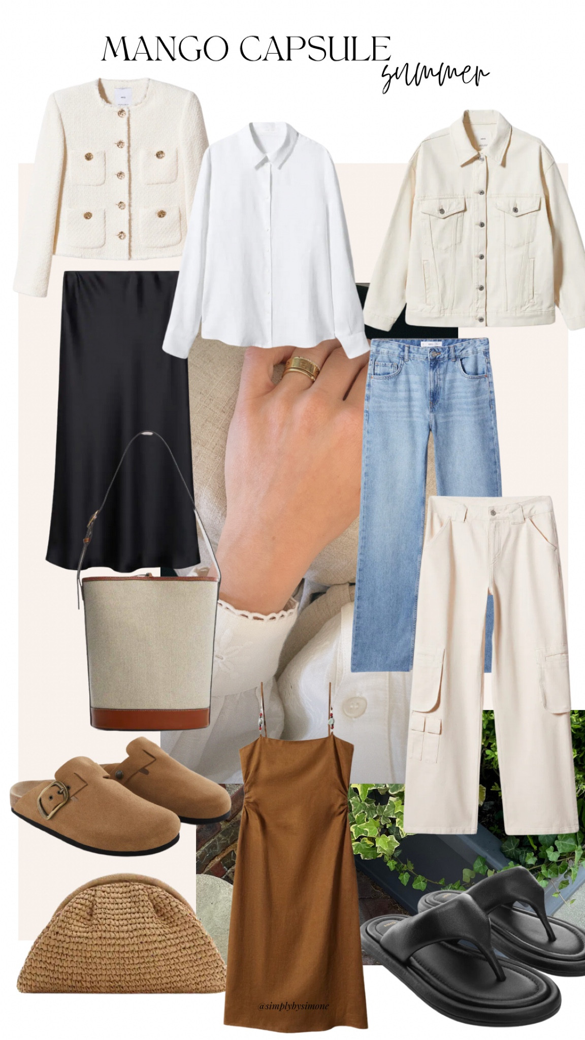 Mango capsule summer wardrobe, white denim jacket, button down blouse, cargo pants, wide leg jeans, Kaite bag dupe, Birkenstock dupe, tweed jacket, black satin skirt 

#LTKunder100 #LTKstyletip