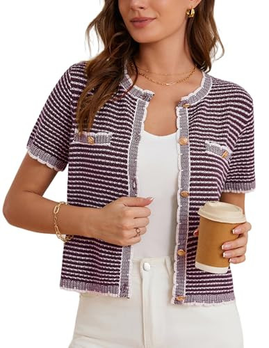 Short Sleeve Cardigans for Women 2025 Open Front Button Down Short Sleeve Knit Cardigan Stripe Sweaters Summer Work Outfits Stripe Wine Red L | Amazon (US)