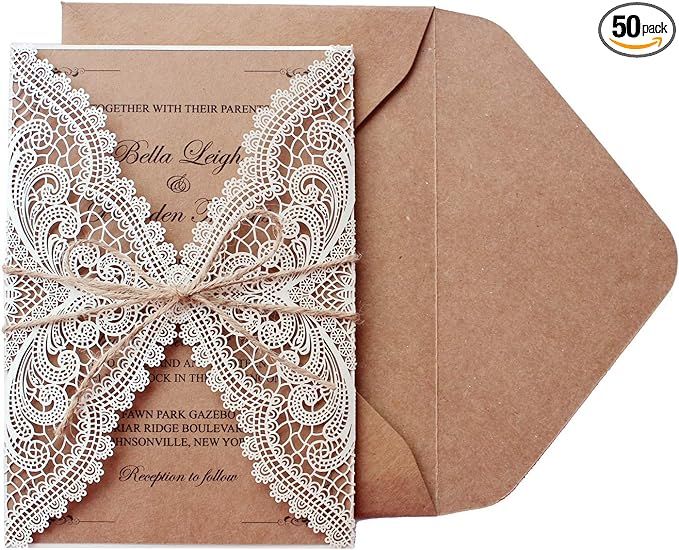 Picky Bride 50 Pcs Rustic Laser Cut Lace Wedding Invitations Kits, 5" x 7.3", Rustic Kraft Blank ... | Amazon (US)