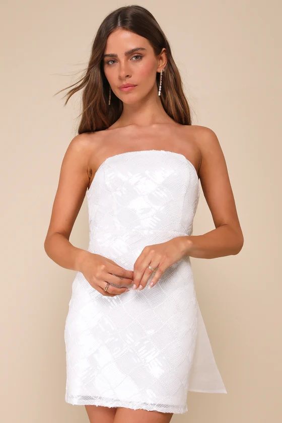 Exquisite Glamour White Mesh Sequin Strapless Bow Mini Dress | Lulus