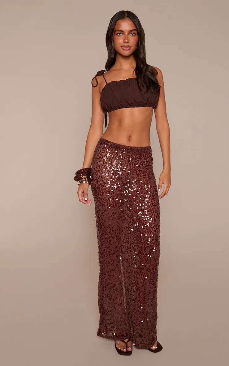 Chocolate PrettyLittleThing Sheer Sequin Maxi Skirt | Boohoo USA | boohoo (US & Canada)