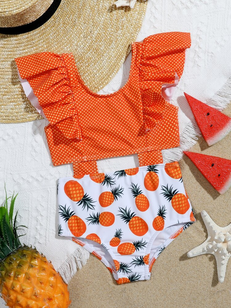 Baby Girl Polka Dot & Pineapple Print One Piece Swimsuit | SHEIN