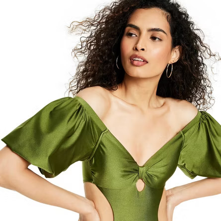 Women's Metallic Puff Sleeve Cut Out Medium Coverage One Piece Swimsuit - Fe Noel x Target Dark O... | Target