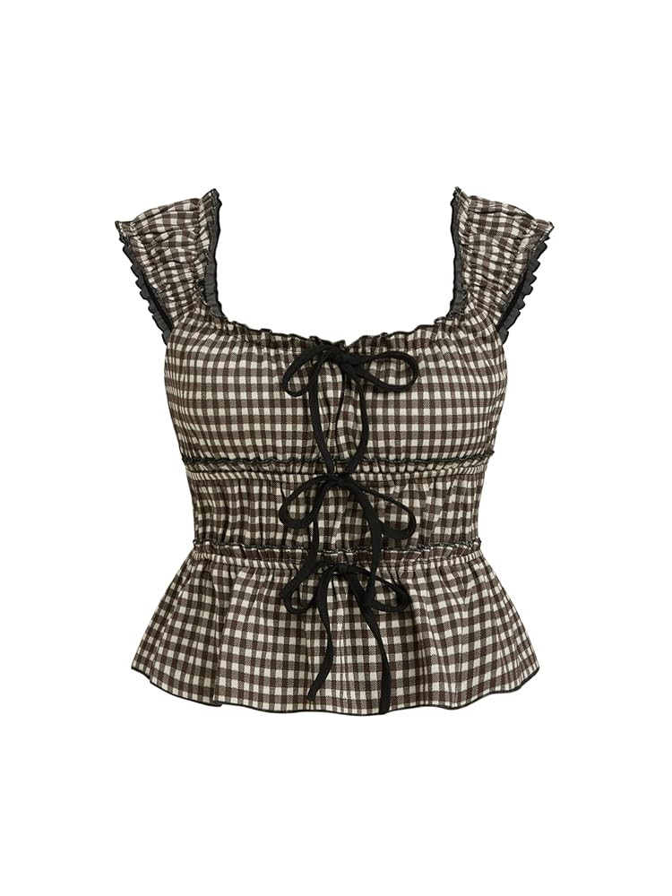 CIDER Womens Tops Square Neck Cotton Blend Gingham Bowknot Tops Short Sleeve Casual Top Daily Top | Amazon (US)