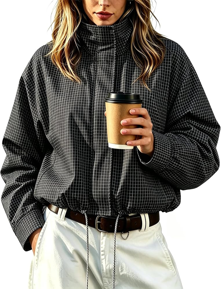 Bomber Gingham Plaid jacket with pockets, Stand Collar, Funnel Neck Zip Up Drawstring Hem, Oversi... | Amazon (US)