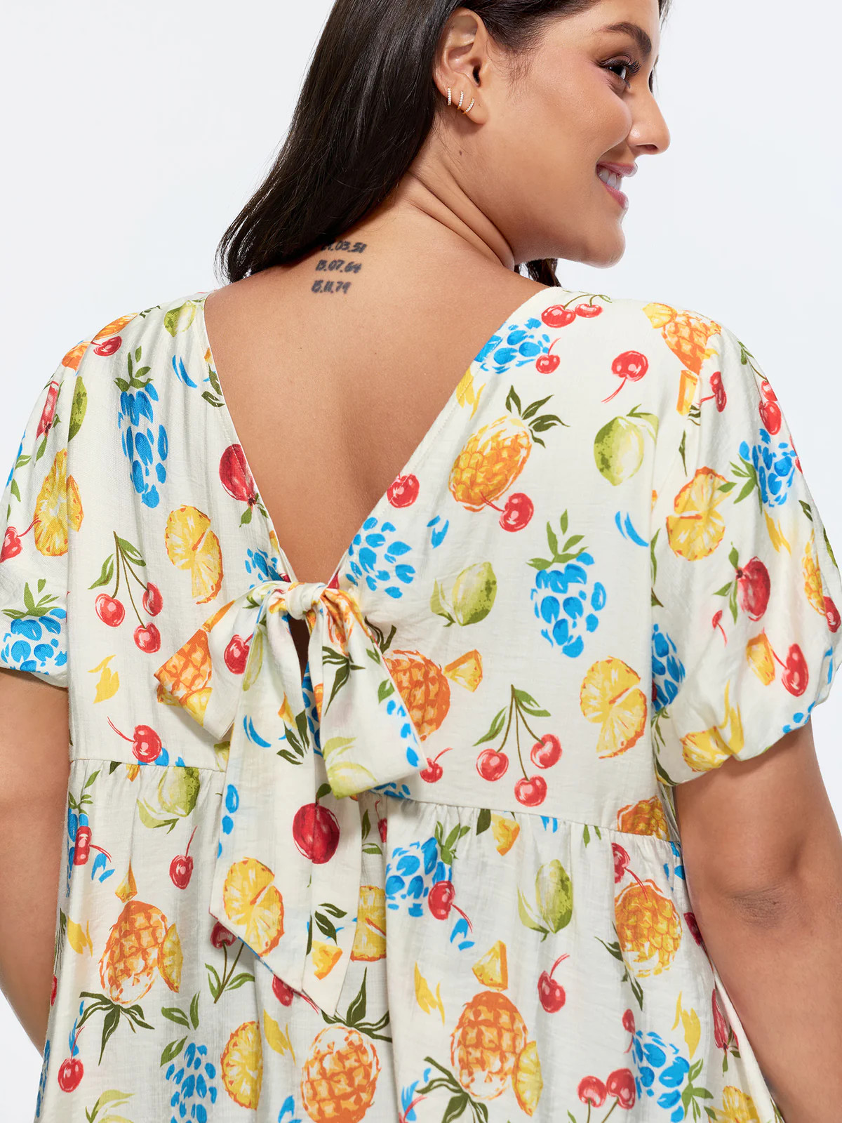 Fruit Print Bowknot Pleated Neckline Blouse | Bloomchic