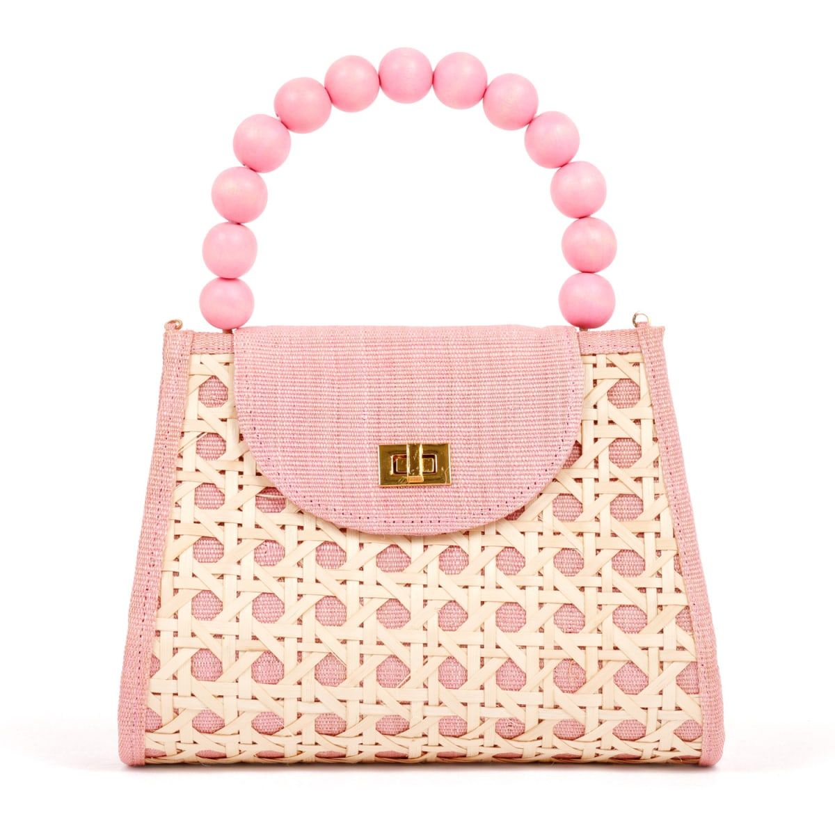 The Sienna Light Pink Bead & Rattan Woven Handbag | Wolf & Badger (US)