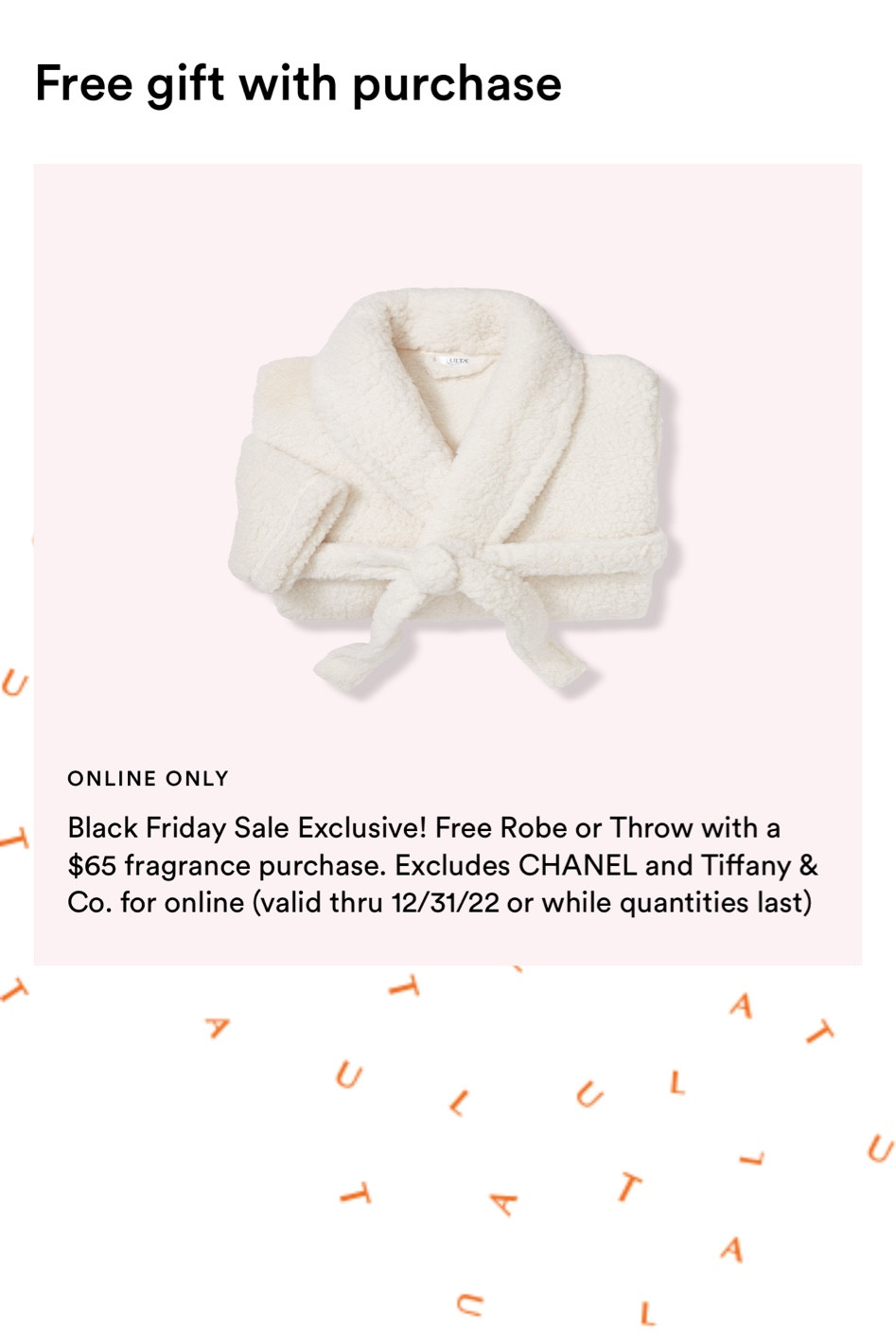 Free robe or throw (available in navy and cream) and 20% off select luxury and prestige perfume, cologne and fragrance for Diamond and Platinum members at Ulta today! 

#LTKsalealert #LTKCyberweek #LTKGiftGuide