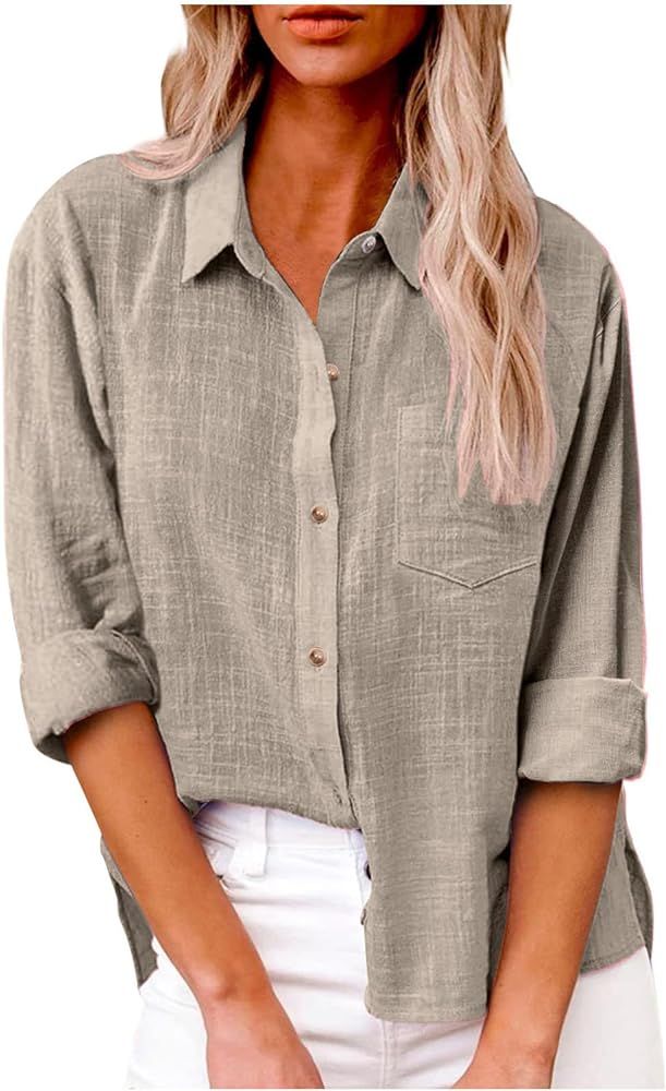 Womens Cotton Button Down Shirt Casual Long Sleeve Loose Fit Collared Linen Work Oversized Blouse... | Amazon (US)