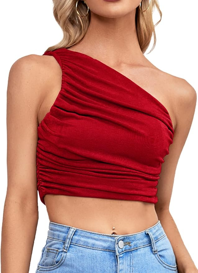 LYANER Women's Sexy Ruched One Shoulder Sleeveless Crop Top Strappy Cami Tank | Amazon (US)