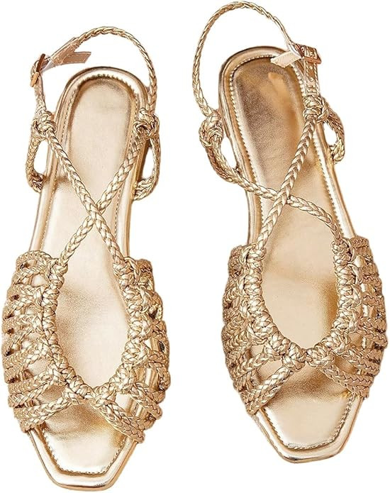 GORGLITTER Women's Gold Lace Up Flat Sandals Square Toe Metallic Braided Ankle Strap Strappy Flat... | Amazon (US)