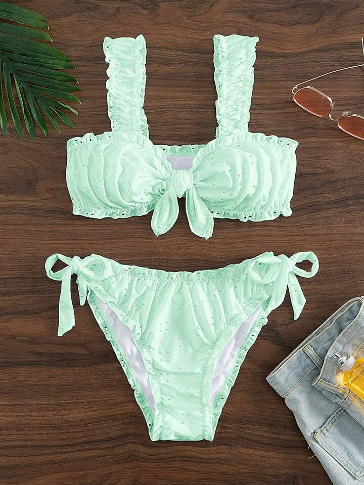 Women's Ruched Bikini Set With Triangle Bottom And Side Tie | SHEIN