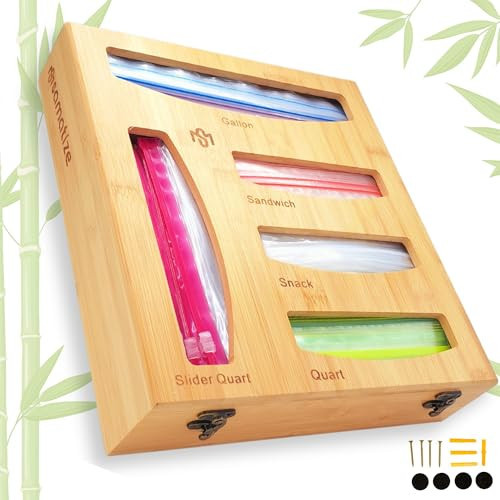 SAMATIZE Storage Bag Holder, Baggie Organizer for Drawer or Wall Mount, Compatible with Gallon, Quart, Sandwich, Snack Size Bags, 1 Box 5 Slots, Bamboo Drawer Organizer, Baggie Holder | Amazon (US)