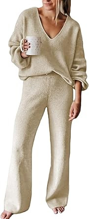 Linsery Women 2 Piece Outfits V Neck Sweater Wide Leg Sweatsuit Rib Knit Lounge Sets Leisure Wear | Amazon (US)