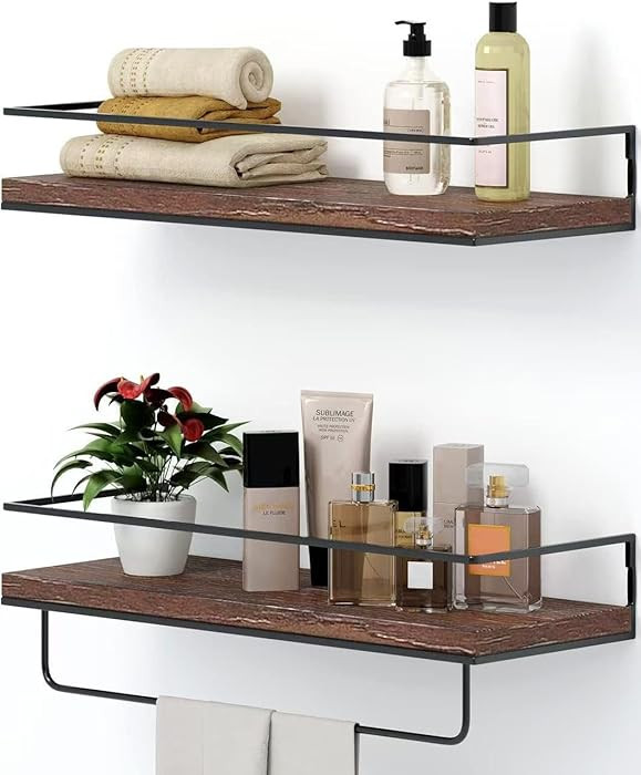Shario Rustic Wood Floating Shelves - Set of 2, Wall Mounted Hanging Shelves with Black Towel Rac... | Amazon (US)