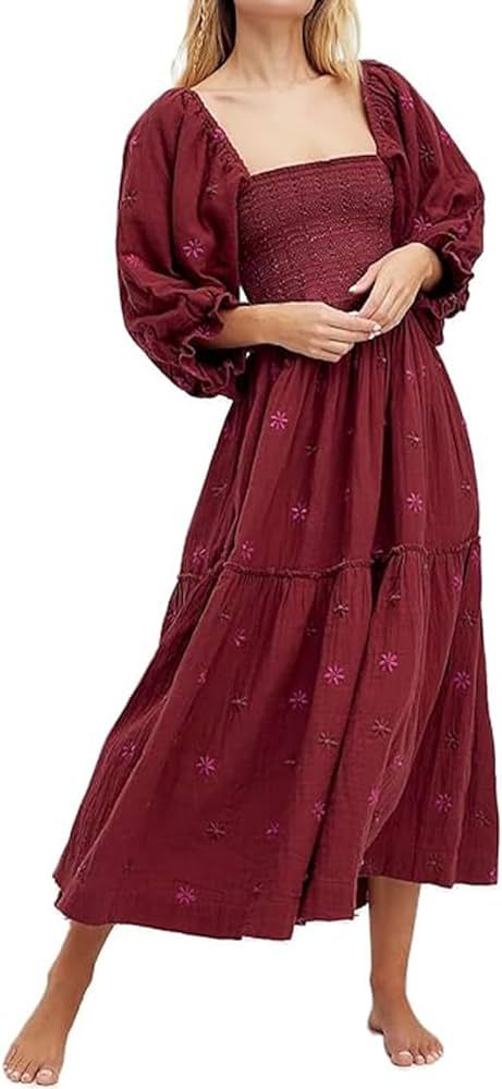 ABYOVRT Women Floral Embroidered Maxi Dress Long Puff Sleeve Square Neck Bohemian Flowy Dress wit... | Amazon (US)